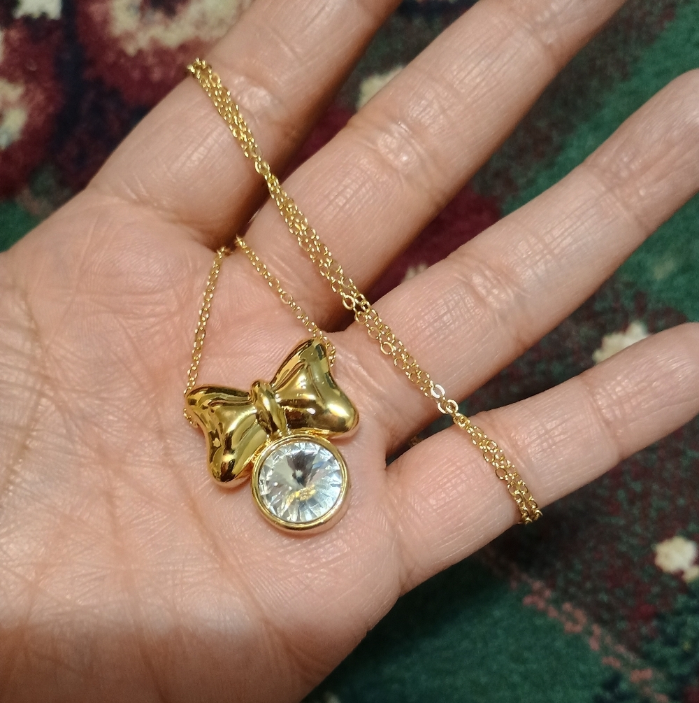 Gold Bow Pendant Necklace with Clear Crystal - Women Jewelry Necklaces - Picture 3 of 6